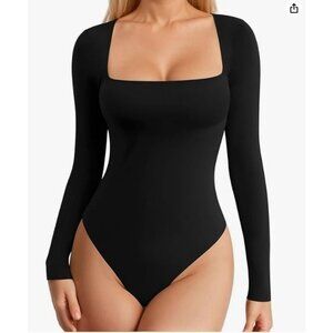 MANGOPOP Women's Sexy Square Neck Thong Bodysuit Long Sleeve Double Lined Body S